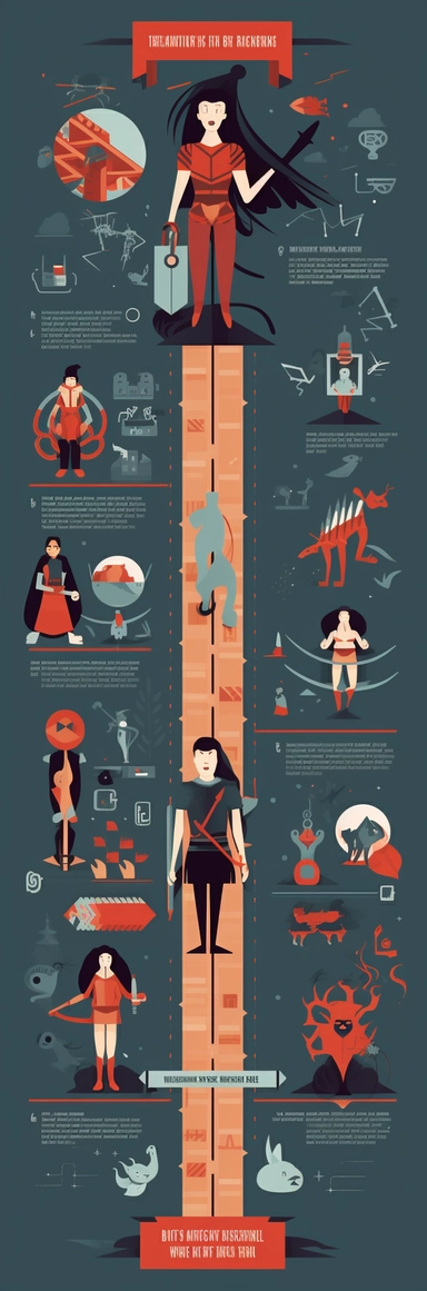 Red and black theme, Create a 2D, clipart, there are 2 characters,MAKE 2 CHARACTERS, 1 a woman at the top of the infographic that is small with strings, than a second character, a man, in armour being controlled by character 1s strings that is placed in the middle of the page while character 2 is at the top of the infographic. a flat infographic template with room for information, have lady macbeth clipart with an evil grin at the very top of the info graphic holding puppet strings from her fing