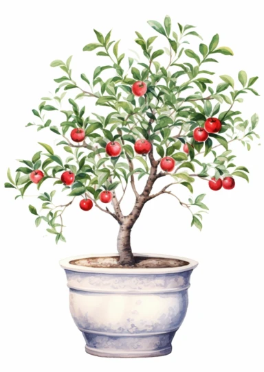 little watercolor apple tree growing in mediterranean pot clipart on white background
