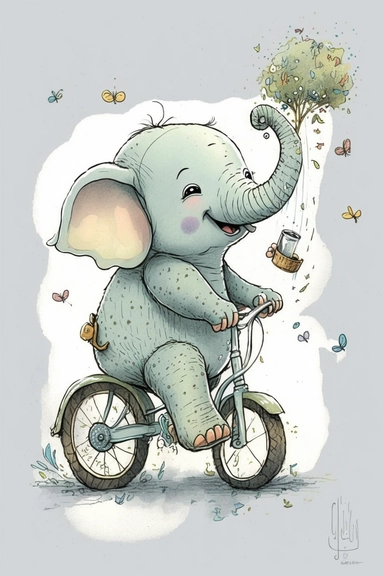 a very cute and happy smiling baby elephant with big eyes riding a bike going on a picnic, Atmosphere: a playful scene that is sure to bring joy to any child's bedroom or nursery, by Mo Willems+Anton Pieck+Atey Ghailan+Richard Scarry+Ashley Wood+James Jean, cartoon, watercolor splashes, Disney Pixar style, pastel colors, as in a children's book, clipart, hd, 16k, 4k, isolated on a white background, white margins,