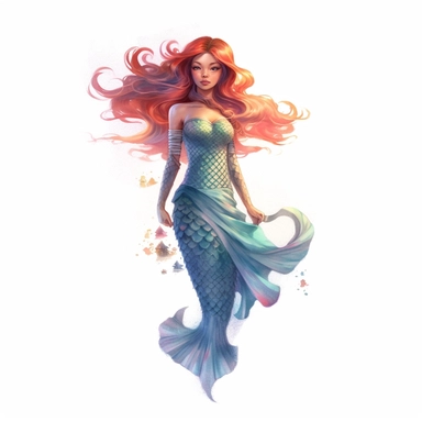 a charming asian mermaid, mermaid fin, full body, artistic interpretations, watercolor, in the style of artgerm, 2d game art, quadratura, clipart, on white blackground,