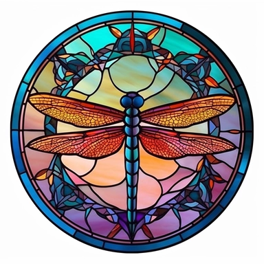 Vintage Cute Beautiful Colorful Round Faux Stained Glass Dragonfly Sublimation Clipart,Cartoon,hyper realistic, intricate detail, illustration style,high solution,on the white background