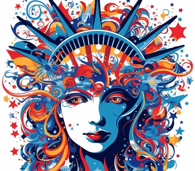 Create a bold and eye-catching clip art that showcases Freedom in patriotic colors, emphasizing the spirit of independence and liberty, white background, in the style of psychedelic