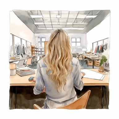 watercolor clipart of detailed high fashion campaign image, female model, long blonde hair, beautiful, she is sketching architectural drawings in an office place, you cant see her face its shot from the back of her, you can see the model from head to toe, the camera angle is wide shot