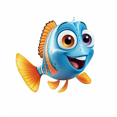 a cute and adorable happy cartoon fish making funny face, full body image, side view, pixar style, clipart