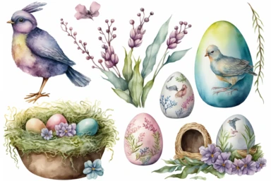 easter items clipart set isolated on white. Watercolor easter concept illustration set. Easter themed design on a white background, watercolor, hyperrealism, high detail, separate elements, set