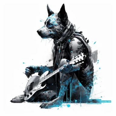 Black and white painting with splashes of blue neon of cyberpunk anime mean dog playing guitar with mechanical body, unreal engine 5 details, white background, cricut, cuttable, clipart