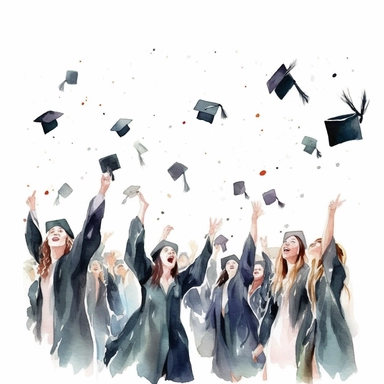watercolor style, Graduation hat toss: Clipart showing a group of graduates throwing their caps in the air, celebrating the completion of their studies. clearly visible faces of participants. clipart, isolated on white background, 4K