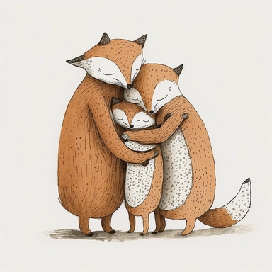 watercolor and ink drawing of a portrait of a family of three happy foxes, one mom fox, one dad fox, one baby fox, clipart, embracing each other, cute pose, cartoon, doodle, happy, smiling, beautiful watercolor ink wash coloring, thick pencil lines, Jon klassen, Adrian tomine, popular on etsy, watercolor illustrations clipart, watercolor illlustrations for kids and children, book illustrations, plain white background