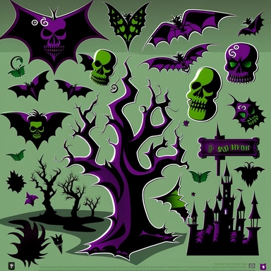 clipart model sheet of various psychobilly elements of design like dead trees, bats, coffins, that would fit in a psychobilly style Hawaiian pattern, using shades of black, purple and green
