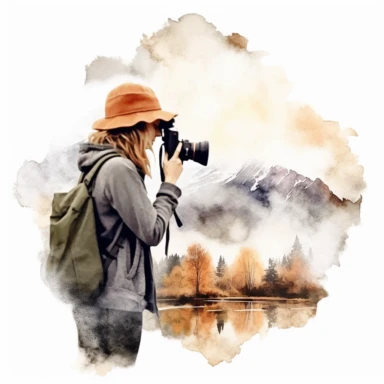 Create a watercolor clipart of a photographer capturing a beautiful landscape or an interesting subject