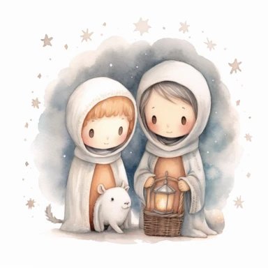 A watercolor painting of a cute nativity with Mary and Joseph, Christmas, cute detailed digital art, inspired by nicoletta ceccoli, by Kubisi art, whimsical and cute, by nicoletta ceccoli, cute detailed artwork, glimmering, adorable and whimsical, whimsical art, Clipart style, png style, svg style, blank white background, a solid white background