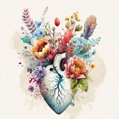 Generate a beautiful digital watercolor clipart illustrating flowers growing from a human heart, replacing the traditional vase. The art should evoke a sense of spring, with a variety of flowers in vibrant, spring-like colors. The heart from which the flowers grow should be detailed and realistic, adding a touch of whimsy and symbolism to the piece. The flowers should bloom from the realistic heart, they should bloom and be beautiful. A lot of flowers, spring vibes.
