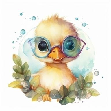 Cute duck BABY WITH GLASSES AND blowing chewing gum bubble, BIG BEAUTIFUL SHINNING EYES, HEAD TWISTED DOWN TO THE SIDE, Watercolor Little Animals Clipart, LEAVES AND TREE