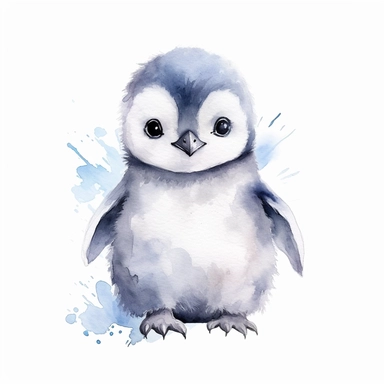 cute baby arctic penguin watercolor clipart, minimalist,white background,
