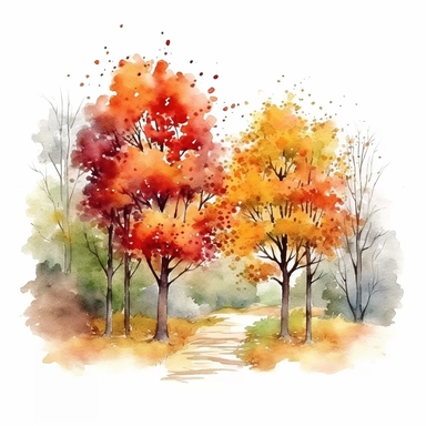 watercolor small forest in fall of maple trees clipart, white background
