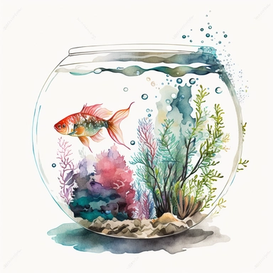 Watercolor fish inside aquarium, clipart, white background, no text