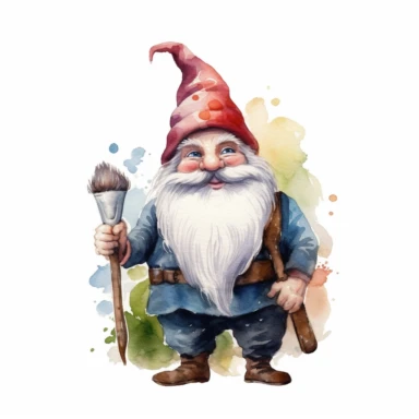 Create a clipart of a stout and rosy-cheeked gnome in a realistic watercolor style. The gnome should be centered in the drawing with a plain, high contrasted background to make the gnome stand out. Make sure the gnome has a traditional pointed hat, bushy eyebrows and a long white beard. His clothing should be brightly colored to further enhance the cheery, jovial look of the gnome. Overall, the clipart should highlight the magical charm and enchanting personality of the gnome.