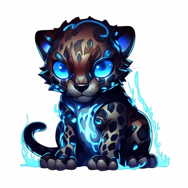 a cute and whimsical glowing tribal leopard with blue lights on his eyes, tribal animals, in the style of manhwa character design, master of shadows, burned/charred, himalayan art, dark black and light azure, 2d game art, quadratura, clipart, on white blackground