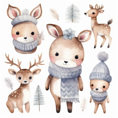 Watercolor collection clipart winter elements snowflakes, kawaii reindeer, ice skating, scarf, neutral colors, no background