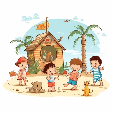 cute babies playing at the summer house, family in background, summer time, no watermark, white background, clipart