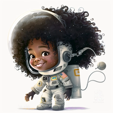 Happy Black Girl Astronant on the moon ,Cheer full , Curly hair, Black Girl clipart, Funny African American Girl , Humorous , funny , smiling in outter space, wearing a spacesuit , moon child png, Highly detailed close-up portrait , African american Astronaut Girl , Black Girl on the moon , , standing on the moon , Nicoletta Ceccoli, Mark Ryden, lostfish, Earl Nor, global lighting, divine rays, detailed and intricate surroundings, sf, intricate artwork masterpiece, ominous, matte painting movie 