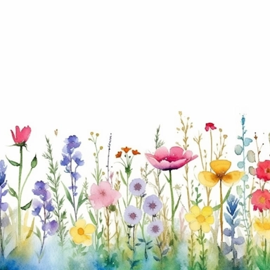 Watercolor wildflowers field, premade borders, Hand painted, clipart, seamless, whimsical, transparent background
