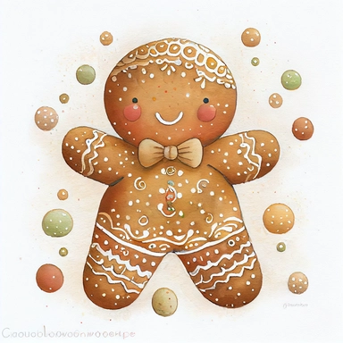 A watercolor painting of cute christmas gingerbread man, christmas gingerbread man, christmas gingerbread, cute detailed digital art, inspired by nicoletta ceccoli, by Kubisi art, whimsical and cute, by nicoletta ceccoli, cute detailed artwork, glimmering, adorable and whimsical, whimsical art, Clipart style, png style, svg style, blank white background, a solid white background