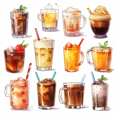 Milk, Soft Drink, Coconut Water, Coconut Milk Shake, Iced Chocolate, Hot Chocolate, Iced Cocoa, Macchiato, Squash, Caramel Latte, Caramel Macchiato, Bubble Milk Tea, Black Tea, white background, clipart, Object, vector collection, 8k, watercolor