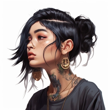 asian girl aesthetics, clipart, high detail, shades, Large hoop earrings, bob cut black hair, Tattoos (dragons), long lashes, Coffin nails, Tube tops, Baggy sweatpants, Shiny lipstick, Digital Art, Color Grading, Full-HD, OpenGL-Shaders, white background