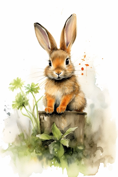 Bring the beauty of nature to life with a watercolor painting depicting a baby bunny happily feasting on A large carrot. Pay close attention to the bunny's endearing expressions as it enjoys its meal. Use a combination of vibrant colors and subtle variations in color to capture the freshness and vitality of the carrots and leaves. Let the transparent and flowing nature of watercolors add a sense of lightness and movement to the painting, clipart, plain isolated white background, 8k ultra detail 