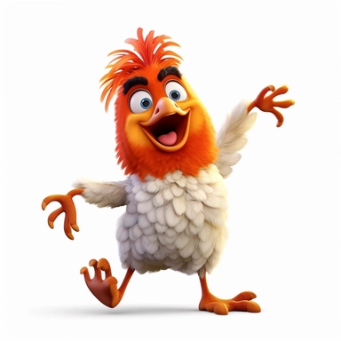a funny chicken dancing, pixar style, clipart, white background