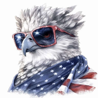 medium shot, low angle, watercolor style, Harpy eagle, wears American flag scarf and sunglasses, hyper-realistic animal illustrations, 2d game art, quadratura, clipart, on white background,
