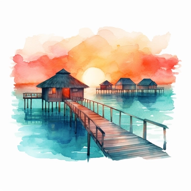 overwater bungalows, turquoise ocean, dock, sunset, watercolor clipart, bright colors, minimalist, isolated white background, 8k