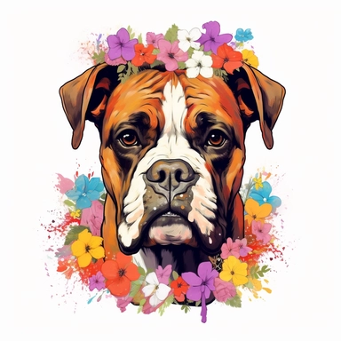 Clipart of a cute little boxer dog flowers full multicolor white background
