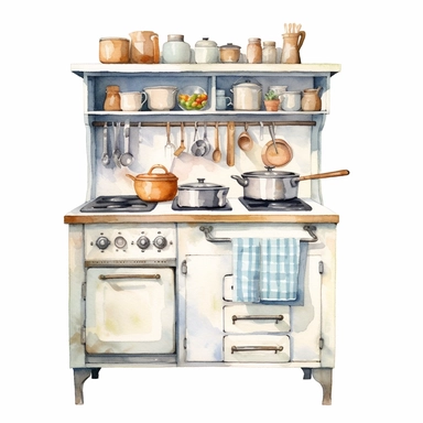 watercolor clipart, small vintage country kitchen unit in decent light colors, white background, view from front, high quality, highly detailed, sharpness