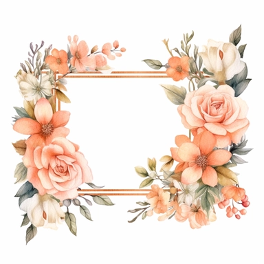 watercolor clipart of a empty suttle dainty floral rectangle frame surrounded by peach color flowers and cream color flowers. Capture the essence of blooming beauty and intricate details in your artwork, white background