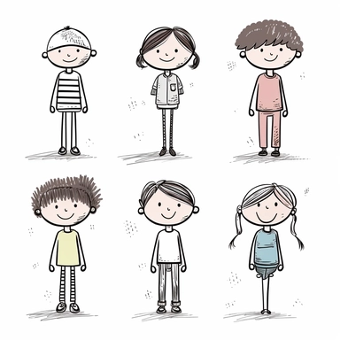 collection of 4 cliparts about a boy and girl stick figure, cute smiling faces, whole body standing, isolated, low details, oneline art, white background