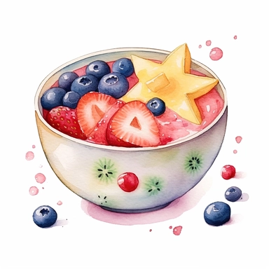 a smoothiw bowl with cute stars, beautiful realistic watercolor artwork, white background clipart
