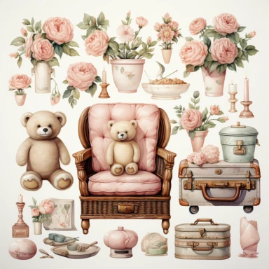 realistic watercolour effect, vintage shabby chic , baby theme, clipart, soft and muted pastel nuances, white background