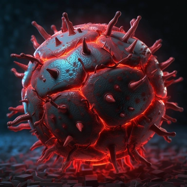 A highly detailed 3D rendering of a virus with a sinister look, emitting a faint red glow in a dark background. The style is scientific and technical, conveying a sense of precision and accuracy. The mood is ominous and threatening, hinting at the potential danger that the virus poses. The lighting style is sharp and focused, highlighting the contours of the virus and its intricate structure. Created by Dr. X, Clipart graphic, sticker, vector, svg, solid white background