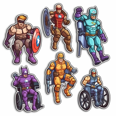 6 clipart elements, series of very hyperdetailed colorful stickers, cool people with disabilities, marvel style, superheros, each sticker with a clear white outline between each element, light grey background, realistic