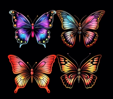 6 tattoo art style butterflies, black defined lines, high details, clipart, hd, isolated on black background, spaced out, vibrant rainbow colors