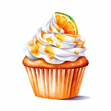 on white background cute and vibrant clipart featuring orange cupcake in watercolor style, hyper realistic photo flat color