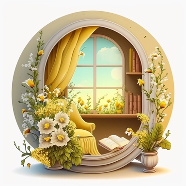 Bookworm cozy reading corner, flowers, window, yellow and white color, clipart