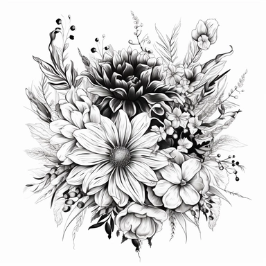 floral vector illustration, black and white, hand drawn, line, floral clipart, fountain pen drawn