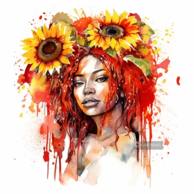 clipart of beautiful watercolor sunflowers surrounding nubian queen with red locs, details, white background
