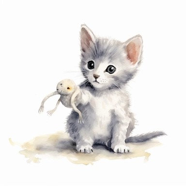 Watercolor grey and white kitten playing, with toy mouse Clipart - cute cats and kittens , white background, vector art, high definition, clip art, ar 2:2