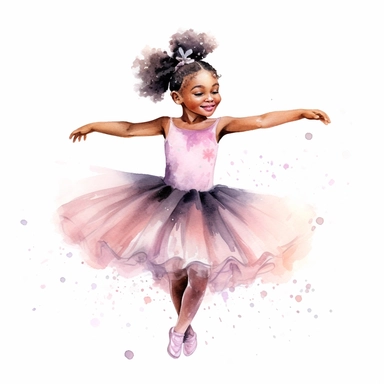 little black girl dancing in tutu, watercolor, pastels, whitebackground, clipart