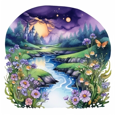 cartoon fairy glen by the River, grass and flowers line the sides if the river, glowing lights and sparkles, colors of green purple gold and blue, glamorous realistic and detailed, watercolor, white background with margins, clipart style