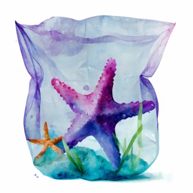 watercolour handmade clipart of a blue transparent plastic bag in the ocean, purple starfish in it